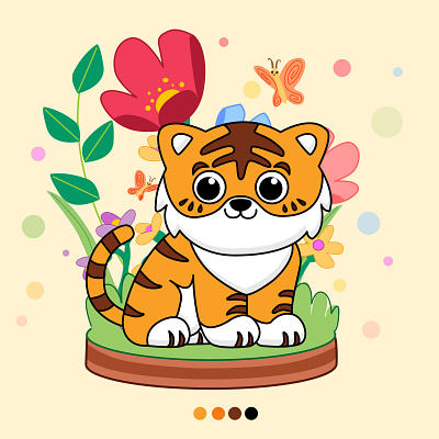 A little cartoon tiger animal branding colour design dream illustration landscape