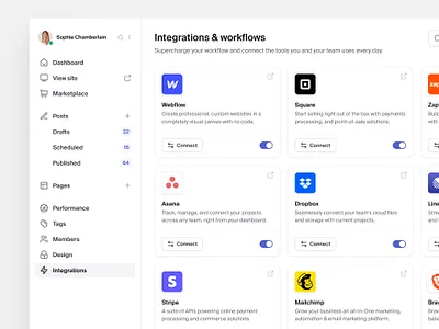 Integrations & workflows settings — Untitled UI integration settings integrations navigation preferences product design saas settings sidebar sidenav ui design user interface user interface design ux design workflows