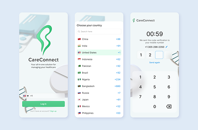 CareConnect – Medical app 3d app appointment clean country code health healthcare app hospital hospital app log in medical minimal mobile app patient telemedicine telephone code telephone number therapist ui ux