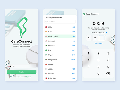 CareConnect – Medical app 3d app appointment clean country code health healthcare app hospital hospital app log in medical minimal mobile app patient telemedicine telephone code telephone number therapist ui ux