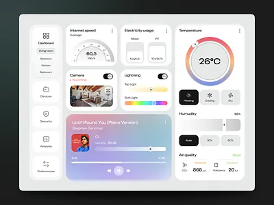 Smart home dashboard air quality application cameras dark design desktop electricity home screen internet speed light lightning player smart home temperature ui uiux ux