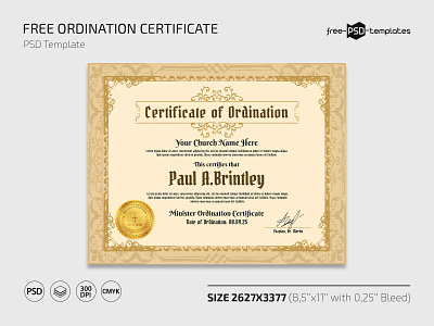 Free Ordination Certificate Template in PSD certificate certificates free freebie ordination ordinationcertificate photoshop psd template templates