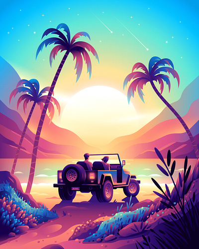 Paradise adobeillustrator beach car coast color couple dawn illustration jeep landscape mountains nature palms romantic sea sunset suv vector vectorart