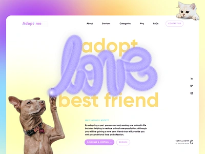 Pet Adoption Website Design 3d animals awareness cat creative cute dog fluffy heart homepage life love pet adoption pet care schedule shelter ui uiux uiuxdesign website