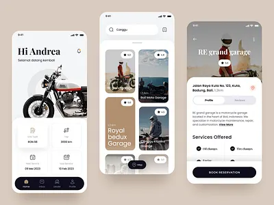 Rider's Hub bali bike black design detail page garage grid view indonesia location map motor motorcycle playfair display poppins rating search tabs tracking ui ux