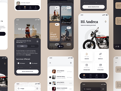 Rider's Hub (More Screens) bali dark mode design detail page garage grid view icon indonesia light mode location motorcycle overview review search tracking ui ux