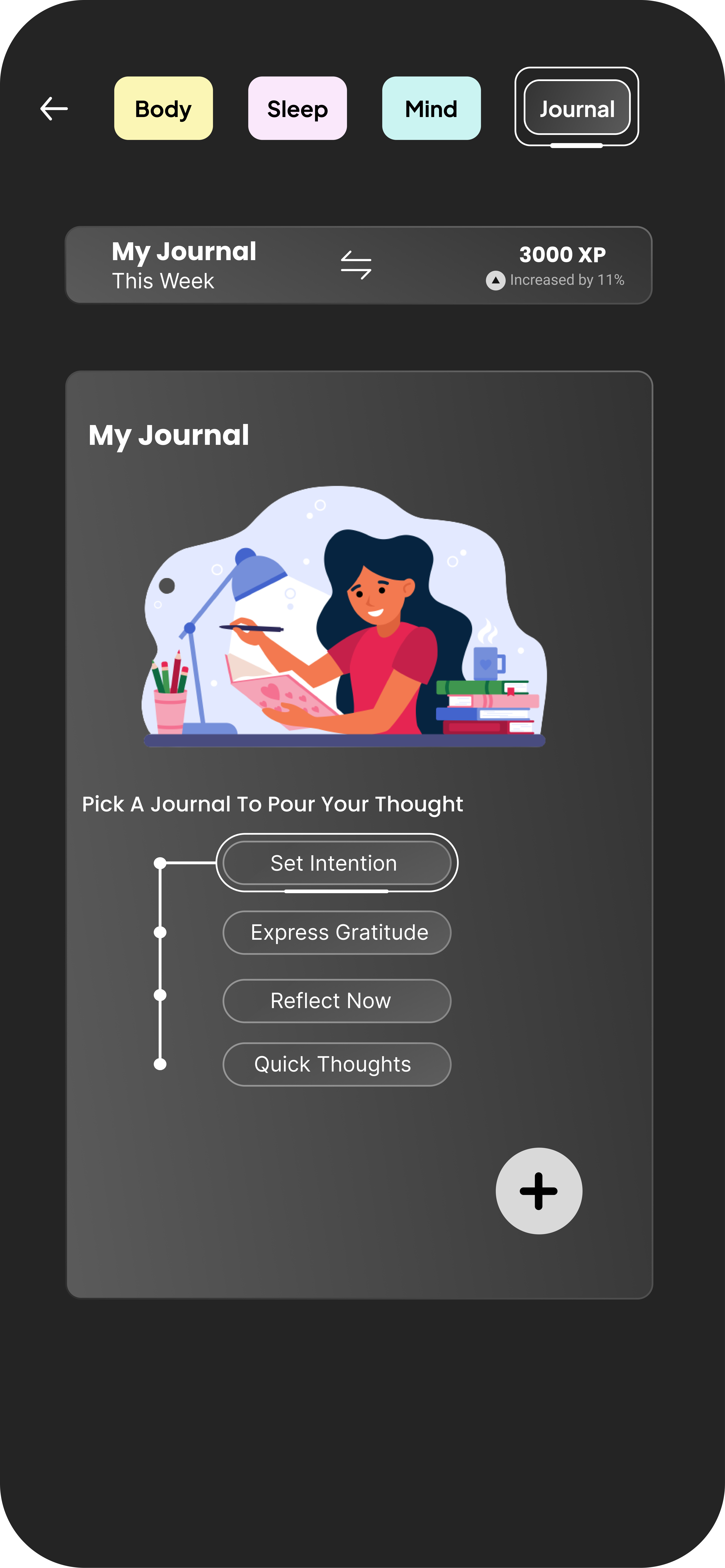 meditation app- JOURNAL animation branding homw workout journal meditation app ui ui ui design ux yoga app ui