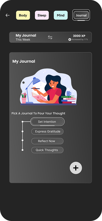meditation app- JOURNAL animation branding homw workout journal meditation app ui ui ui design ux yoga app ui