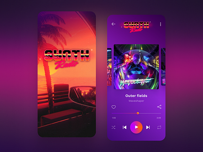 Synth Radio App dark mode mobile radio app retrowave synthwave ui visual design