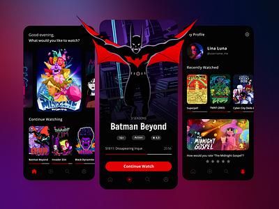 Cartoon Streaming App animation batman cartoopn app dark mode design mobile streaming ui visual design