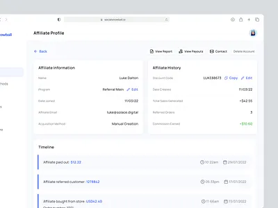 Social Snowball - Affiliate Profile affiliate marketing dashboard light mode product design saas ui ux