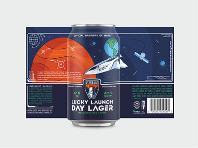 Lucky Launch Day Lager alcohol beer can branding craft beer design earth graphic design hops icon icon set illustration ipa lager logo mars mocup rocket space stars vector