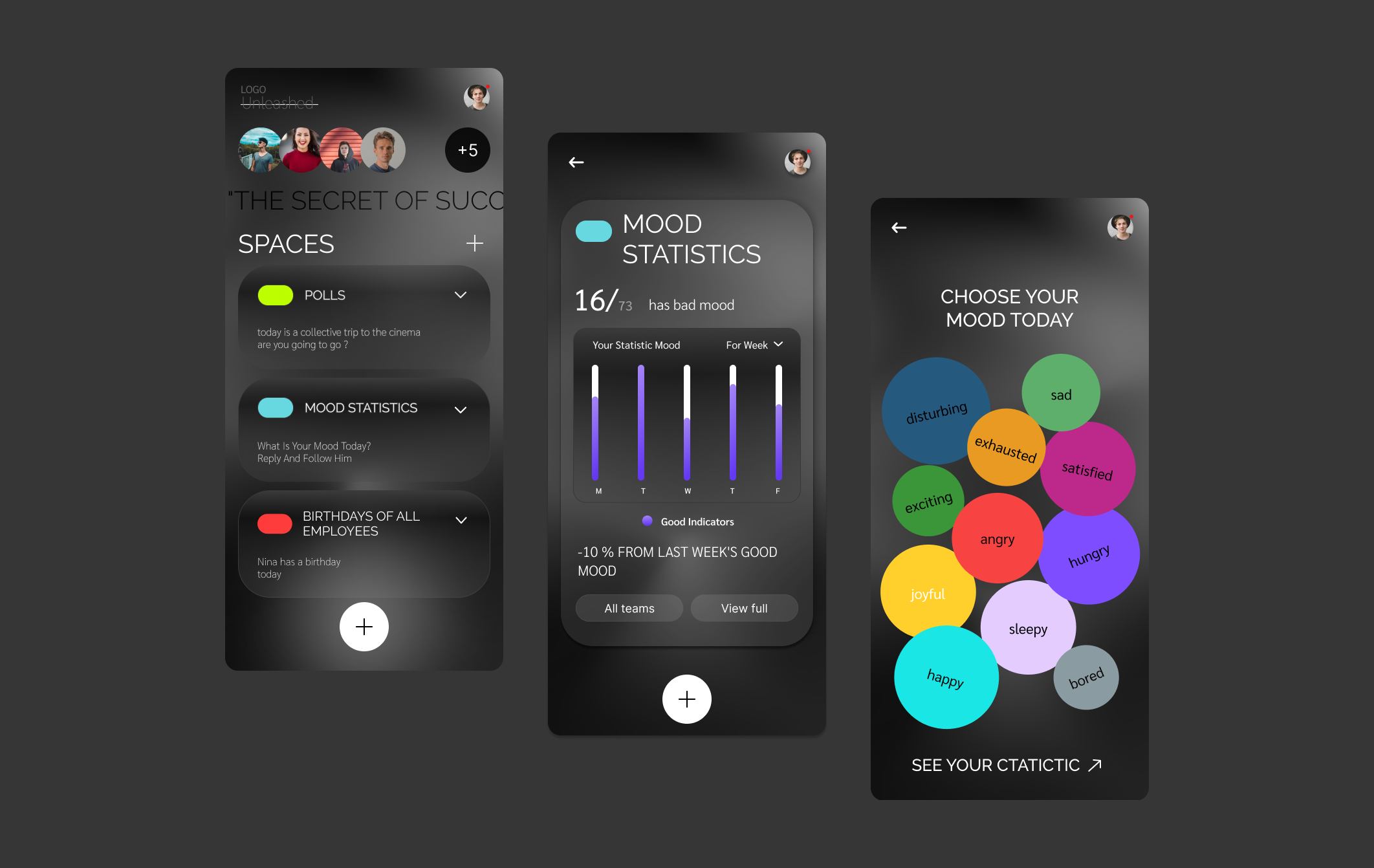Mobile App Unleashed app for business dark theme design employee figma funny app glass large elements minimalism mobile app satisfaction app ui ui ux design ux