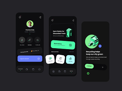 Recycling App | Dark Mode app app design clean dark mode eco eco friendly ecologic ecology enviroment garbage profile recycle recycling sorting trash ui ux waste waste management zero waste