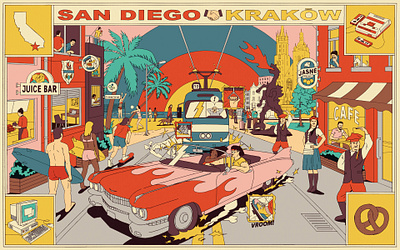Kraków/San Diego boy caddy califronia car girl illustration kraków sandiego street tram