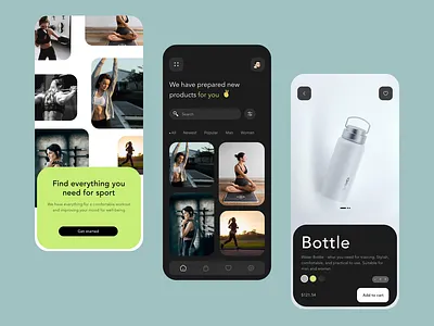 Mobile app for an online store of sporting goods athletes dark theme design for athletes man and woman online shop online shopping shop shopping sport goods ui ux