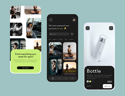 Mobile app for an online store of sporting goods athletes dark theme design for athletes man and woman online shop online shopping shop shopping sport goods ui ux