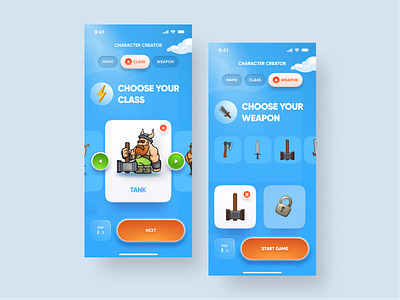 Onboarding - Arcade Mobile Game app application arcade class design funny game games ios kid mobile mobile app onboarding playful select ui ui design ux vibrant weapon