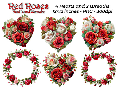 Red Roses Watercolor Collection hearts photoshop roses heart roses wreaths watercolor wreaths