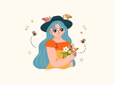 Spring Girl adobe illustrator bees birds character character design cute art design digital illustration flower girl illustration illustrator spring vector vector art vector illustration visual art