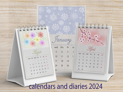 samples of the calendar 2024 calendar 2024 design graphic design illustration winter весна лето сакура синий снежинки цветы