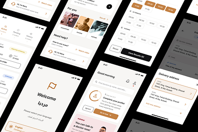 Health Mobile App address arabic calendar complete delivery doctor health history ios legit minimal native onboarding product profile real app tabs ui welcome
