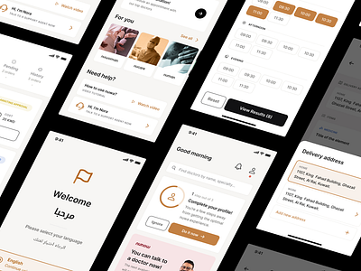 Health Mobile App address arabic calendar complete delivery doctor health history ios legit minimal native onboarding product profile real app tabs ui welcome