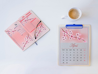 sample calendar 2024 and diary весна ежеденвник календарь 2024 мокап розовый сакура