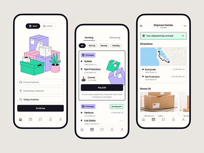 Sendel — Send and Deliver Packages boxes branding color delivery figma identity illustration iphone 14 pro map mobile mobile app packages product design send shipping tracking ui ux