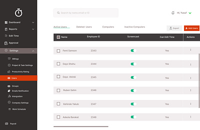 User Settings Page for a Time tracking Website. design figma timer ui web
