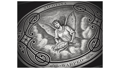Warped Cigars Nicotina Illustrated by Steven Noble angel artwork borders design engraving etching illustration line art logo pen and ink scratchboard steven noble woodcut