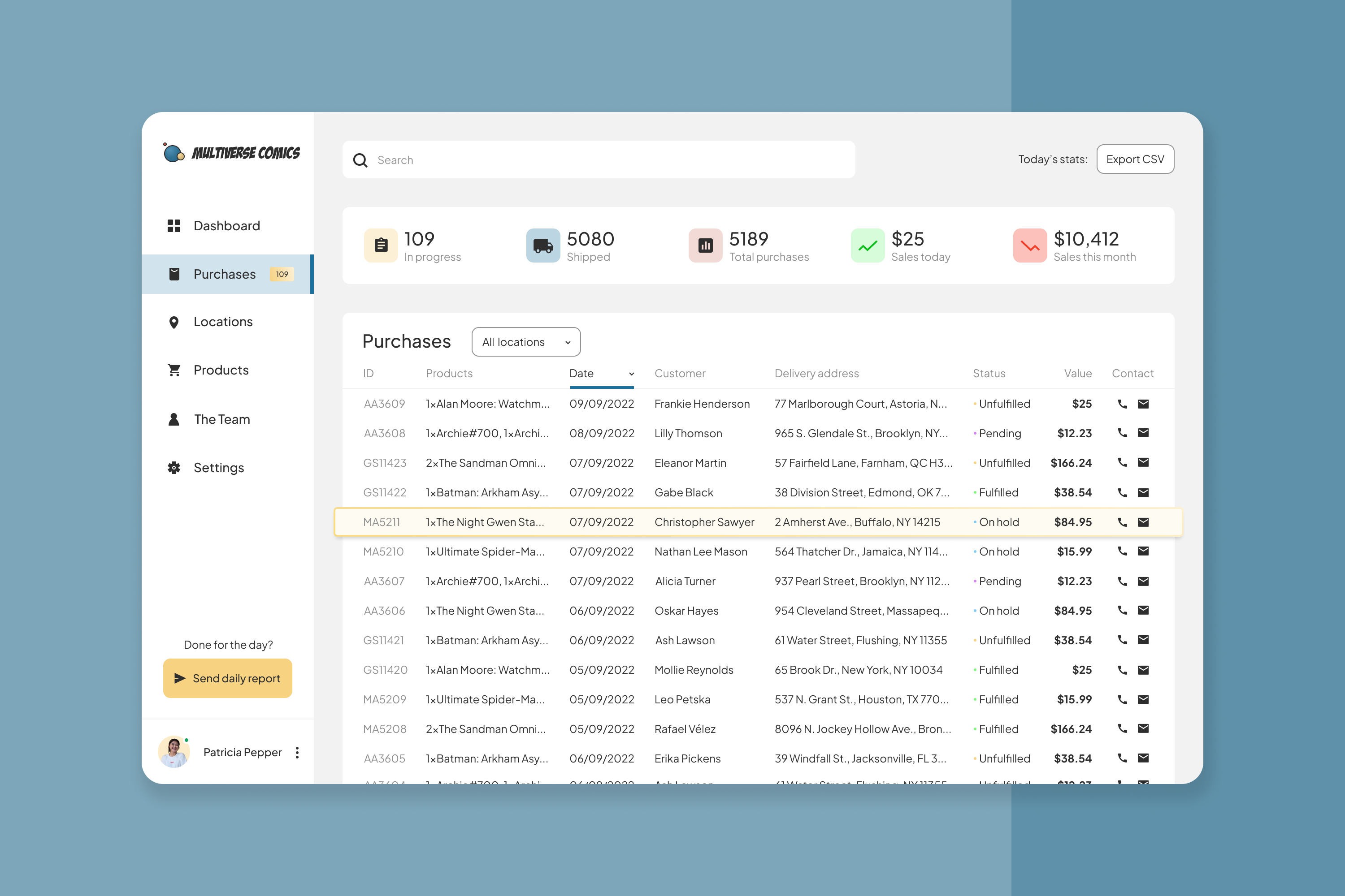 A table of purchases with a highlighted row, that shows how the hover effect would look.