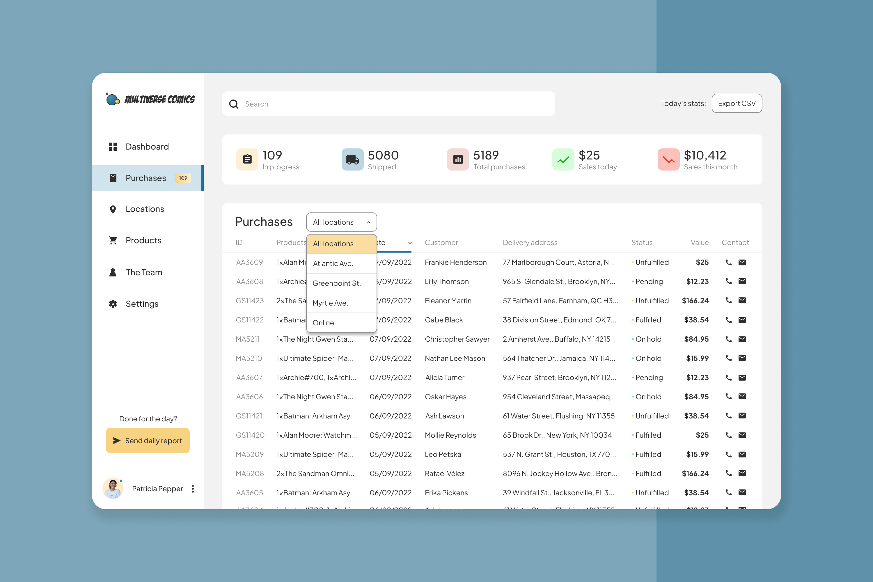 A table of purchases, with an open dropdown for purchase locations.