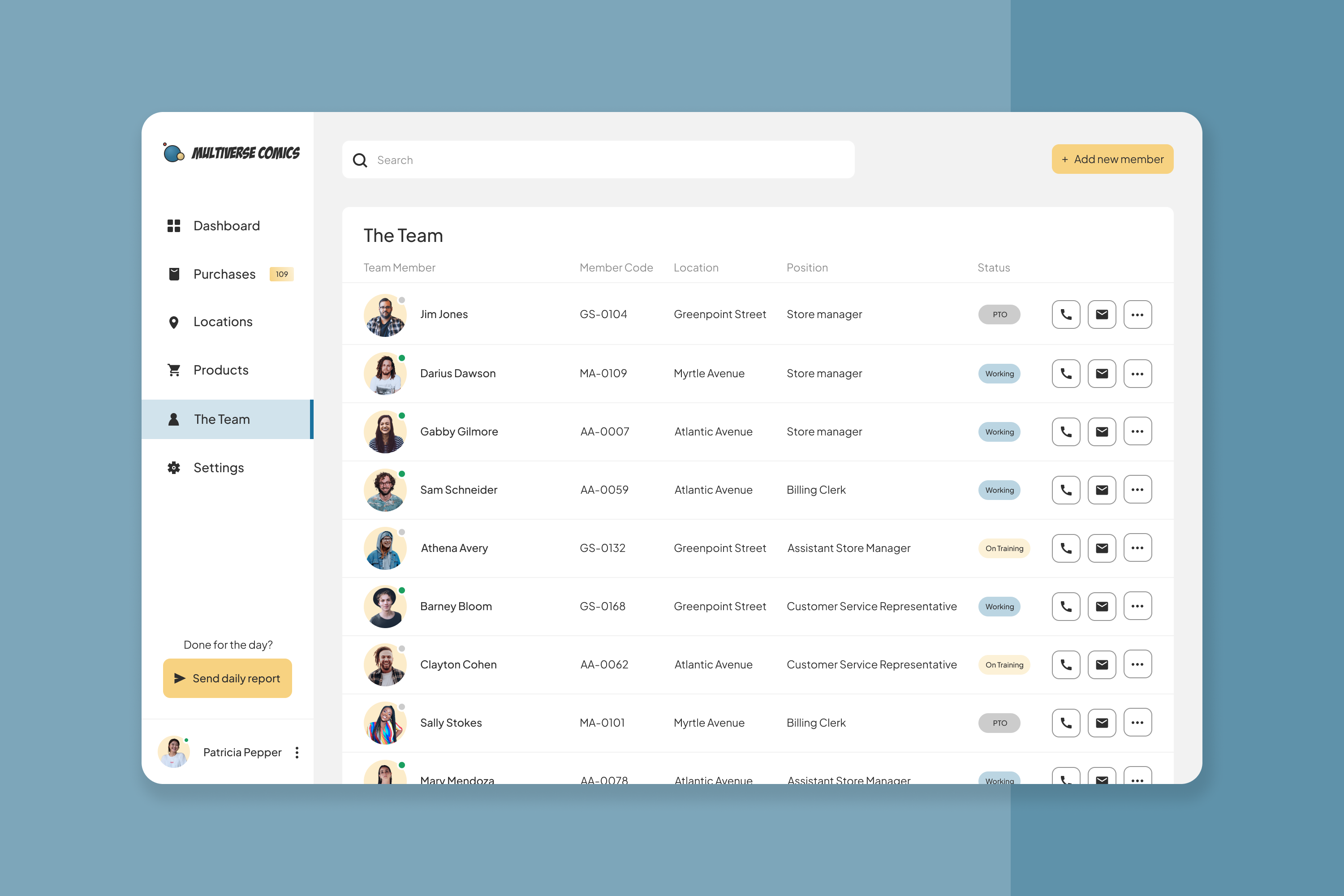 The employee management page complete with names, locations, positions and statuses.