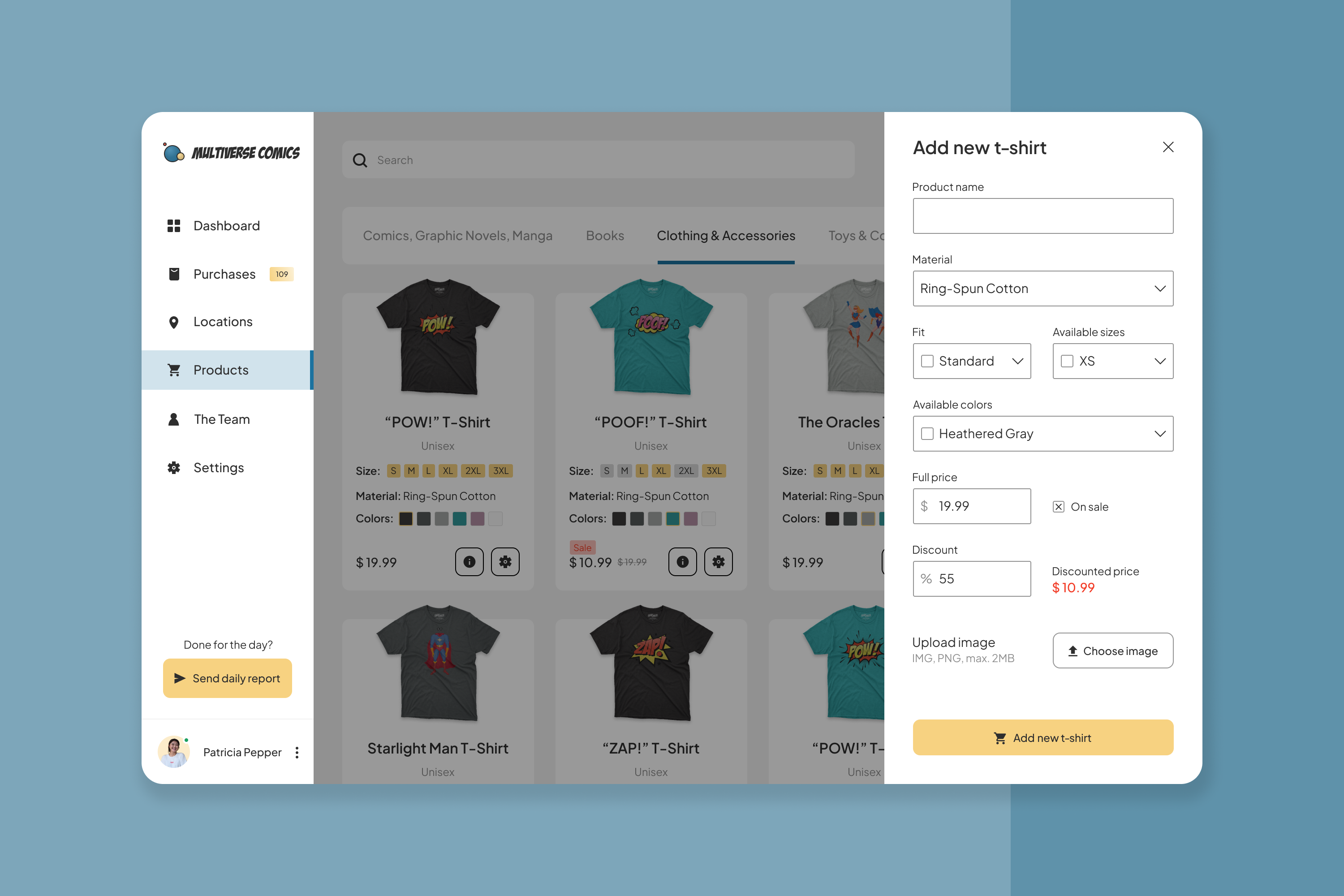 The product managing page, with the "Add new t-shirt" modal open, filled.