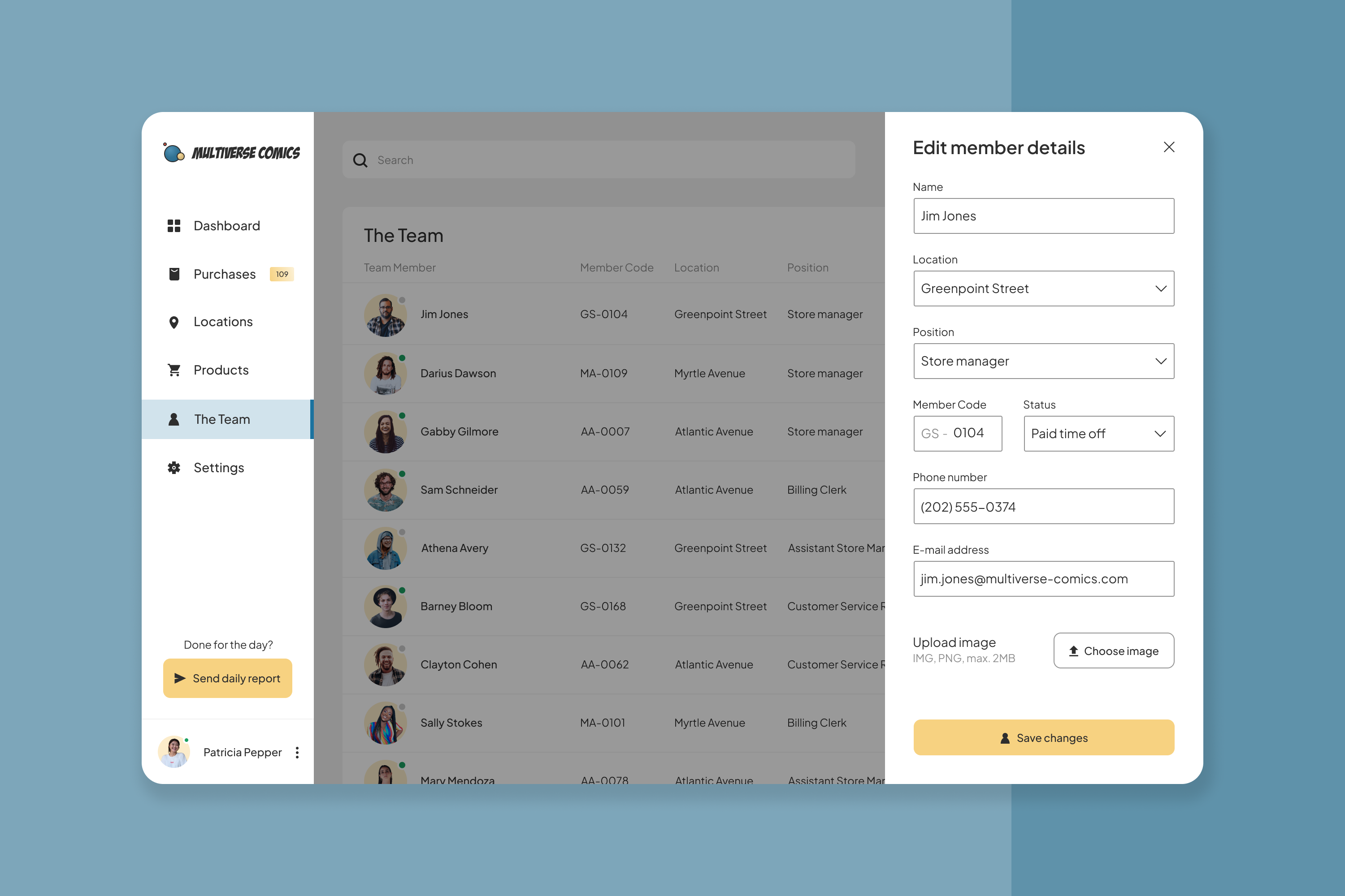 The employee management page, with the "Edit member details" modal open.