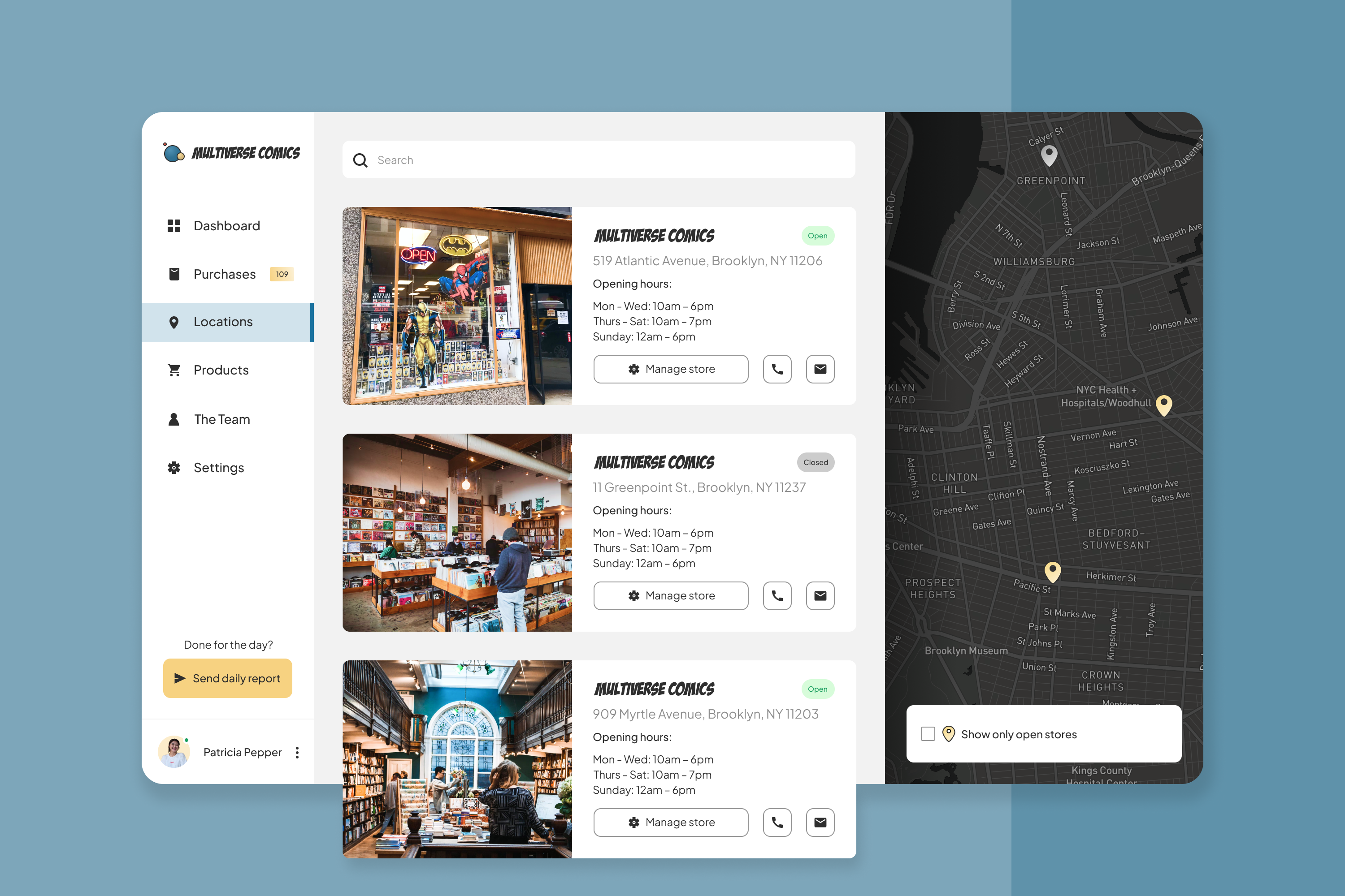 A page showing the location management page. Each card is a different location. A dark colored map.