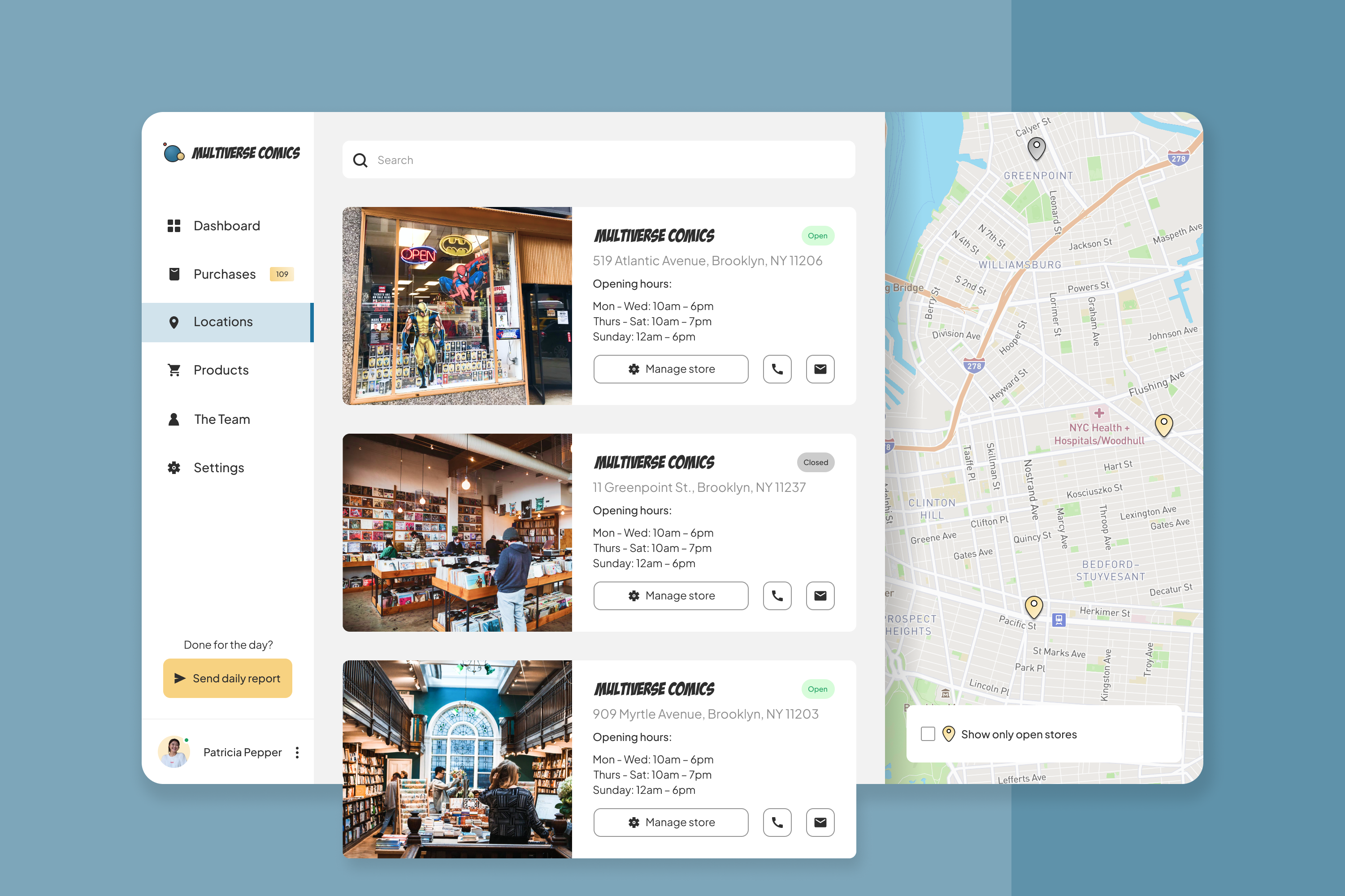 A page showing the location management page. Each card is a different location. A light colored map.