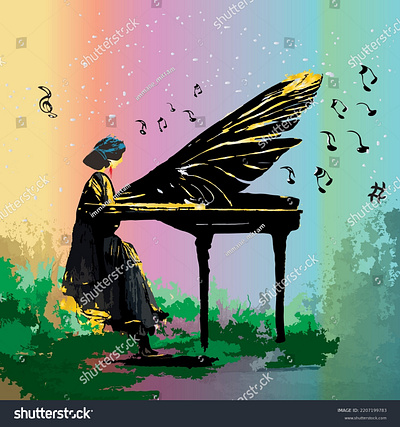 woman playing piano in grass with colorful background graphic design