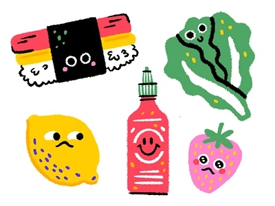 Cookbook Illustrations 3/4 cabbage food groceries hot sauce illustration leaf lemon lettuce musubi organic procreate produce risograph spam spam musubi sriracha strawberry