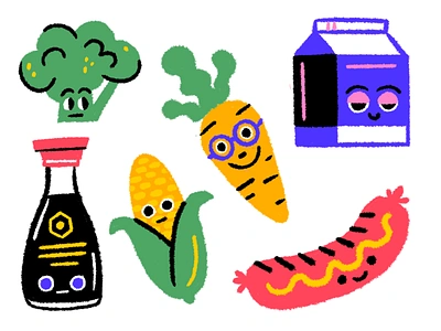 Cookbook Illustrations 4/4 broccoli carrot condiment corn corn on the cob food grill groceries hot dog illustration milk milk carton procreate produce risograph sausage soy sauce vegetables