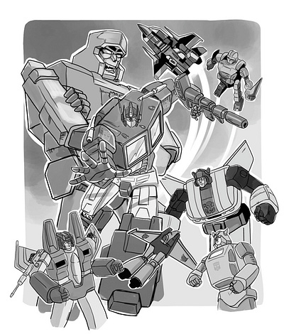 What is the story of The Transformers? black white book cover art book interior art comic book design graphic novel illustration
