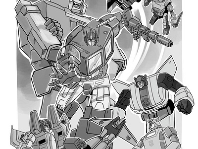 What is the story of The Transformers? black white book cover art book interior art comic book design graphic novel illustration