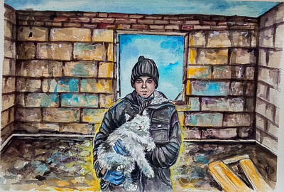Original watercolor painting, Boy with Cat, destroyed House, War hand painted illustration paint painting war in ukraine