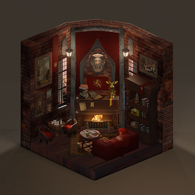 Gryffindor Common Room Design 3d 3dmodeling blender commonroom design graphic design gryffindor harrypotter illustration room sculpting