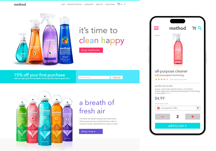 methodhome.com desktop homepage and mobile product page