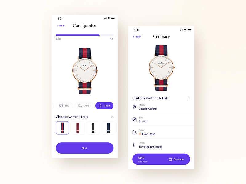 Watch Configurator - Daniel Wellington Concept app addtocart app application concept configurator custom design ecommerce flow ios mobile app modern steps store summary ui ui design ux vibrant watch