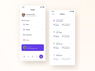 Profile & Orders - Daniel Wellington Concept app account app application cards chat deliveries delivery design edit ios live mobile app oders order profile settings ui ui design ux vibrant