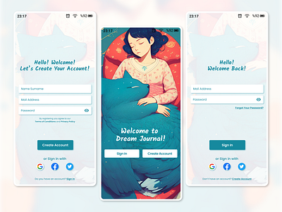 Daily UI Challenge Day 1! Dream Journal App Sign In Page app design application design create account page create account uı dailyuı dailyuıchallenge dream application uı dreamapp dreamappuı dreamjournel figma project illustration journel app register page sign in page sing in uı ui uı challenge uı design uı ux design