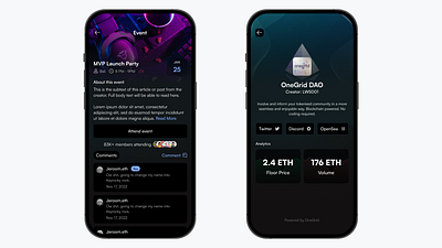 OneGrid: MVP product design app app design application design crypto dao community dao platform dark ui design events mobile app mobile application design product design redesign ui user experience user interface ux web3 app web3 design web3 platform